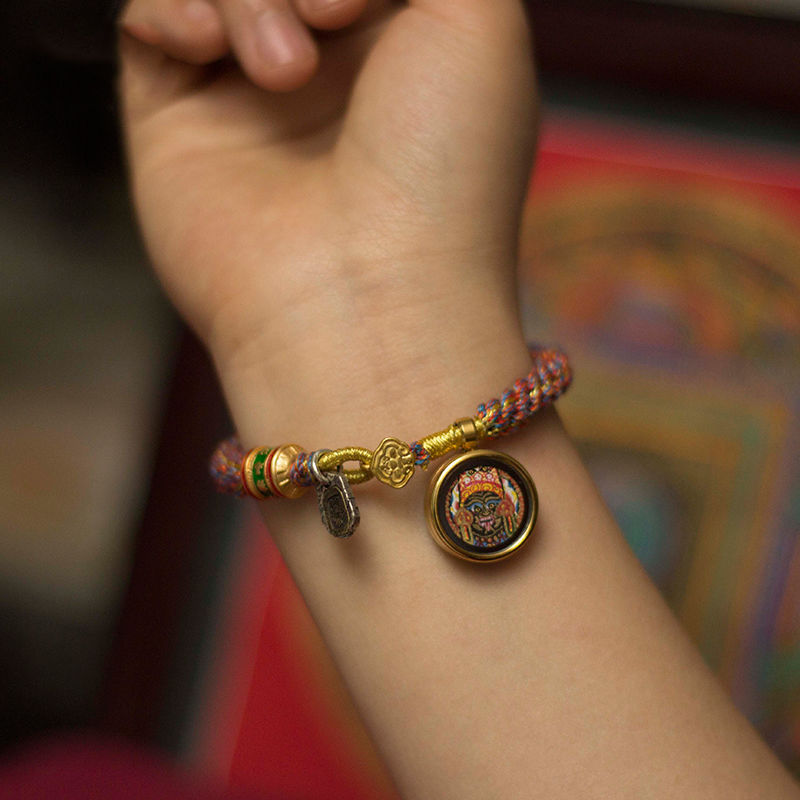 Tibetan Zajilam Small Tangka Bracelet With Regong Hand-Painted Tibetan Style Handwoven Gawu