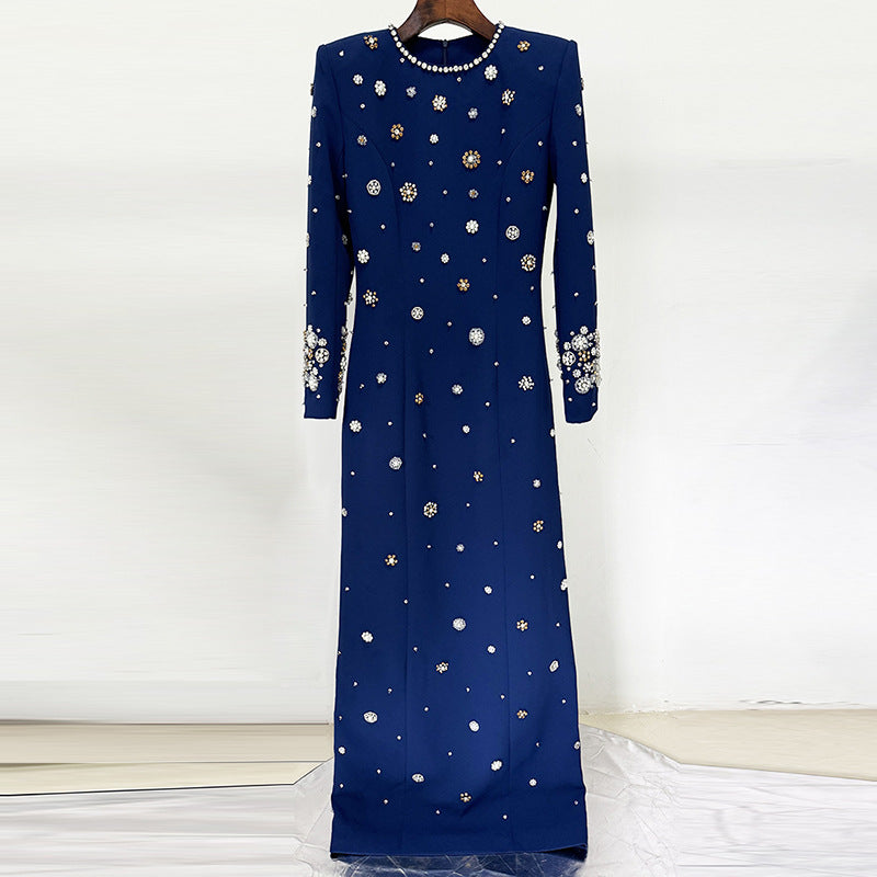 Elegant Long Sleeves Beaded Dress With Round Neck