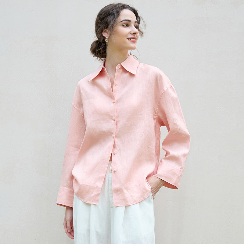 Pink Linen Relaxed Fit Long Sleeve Shirt for Elegant Casual Wear