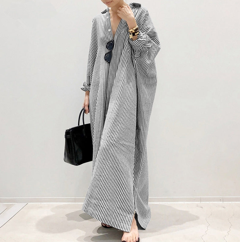Cotton And Linen Striped Cardigan Loose Size Commuting Irregular Dress