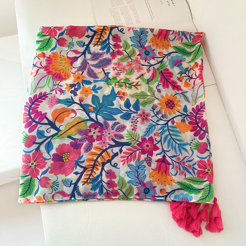 Bohemian Colorful Flowers, Cotton And Linen Hand Scarf, Sunscreen, Beach Scarf, Scarf Scarf Woman