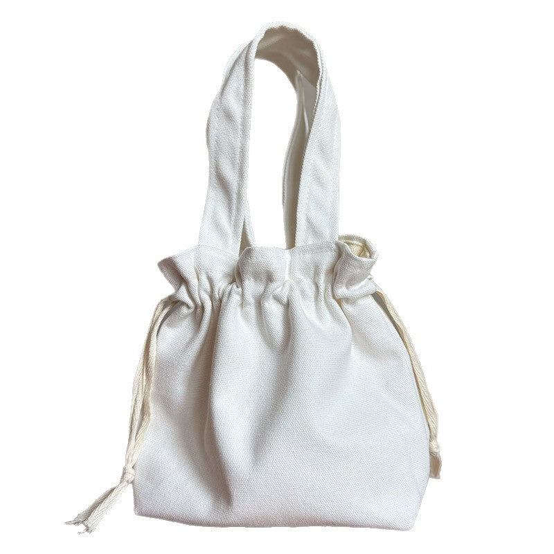 White Canvas Tote Bag Casual Chic Drawstring Shoulder Bag