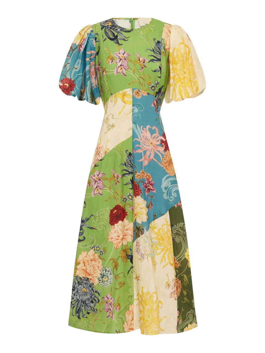 Floral Print Puff Sleeve Linen Dress Casual Elegant Style