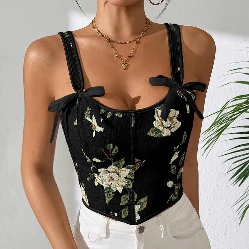 French Bow Tie Floral Print Shaping Tank Top For Women
