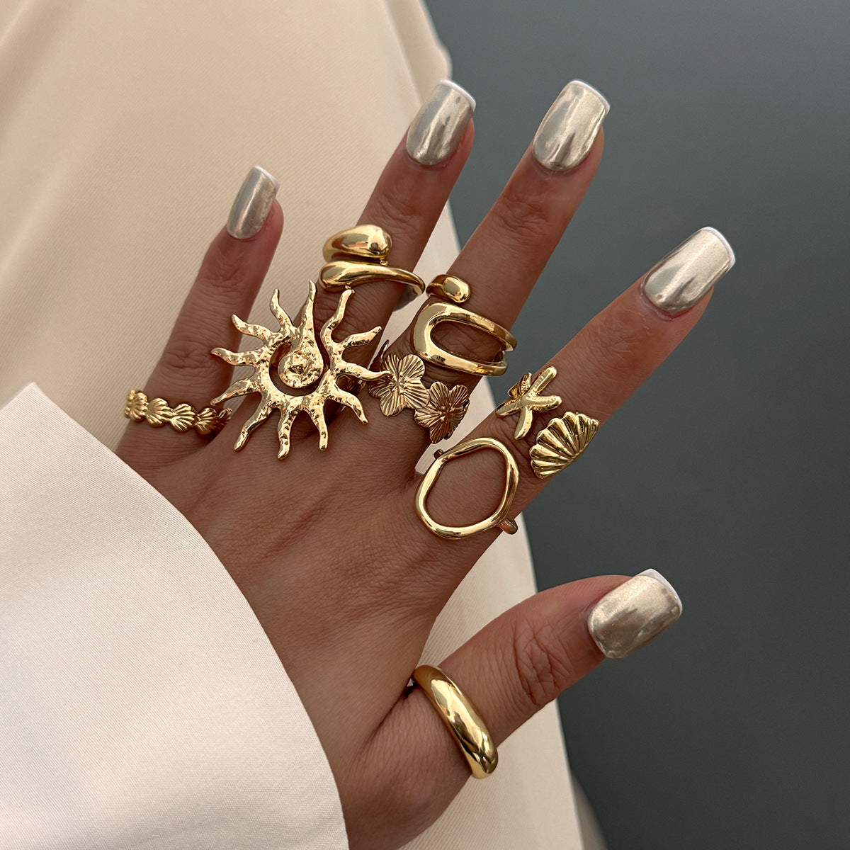 Shell And Flower Ring Set Elegant Metal Fashion Jewelry