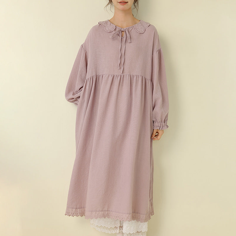 Sweet Lace Collar Long Sleeve Maxi Dress Casual Bamboo Cotton