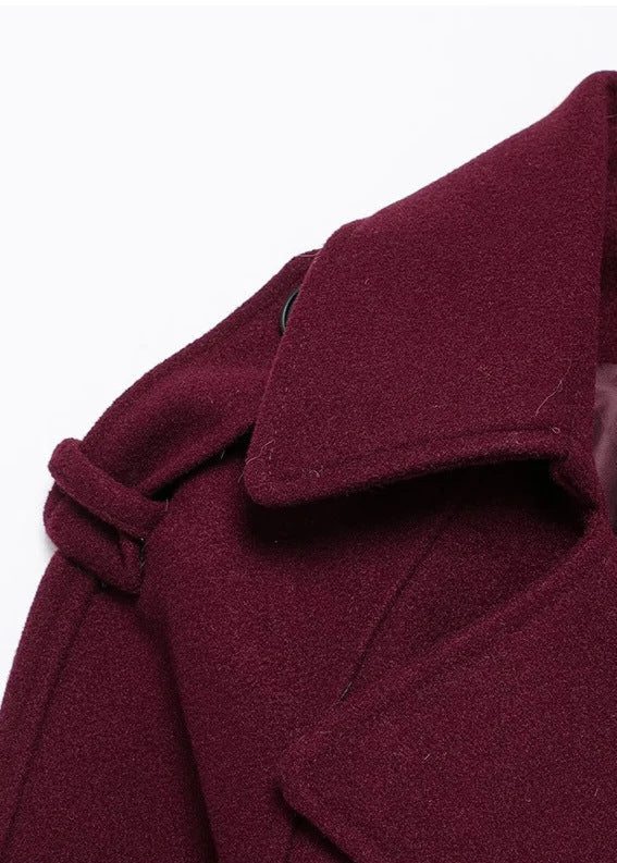 Double Breasted Belted Trench Coat Burgundy Fabric