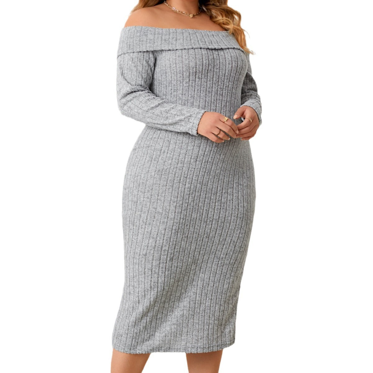 Gray Floral Long Sleeve Maxi Dress Plus Size Elegant Casual Dress
