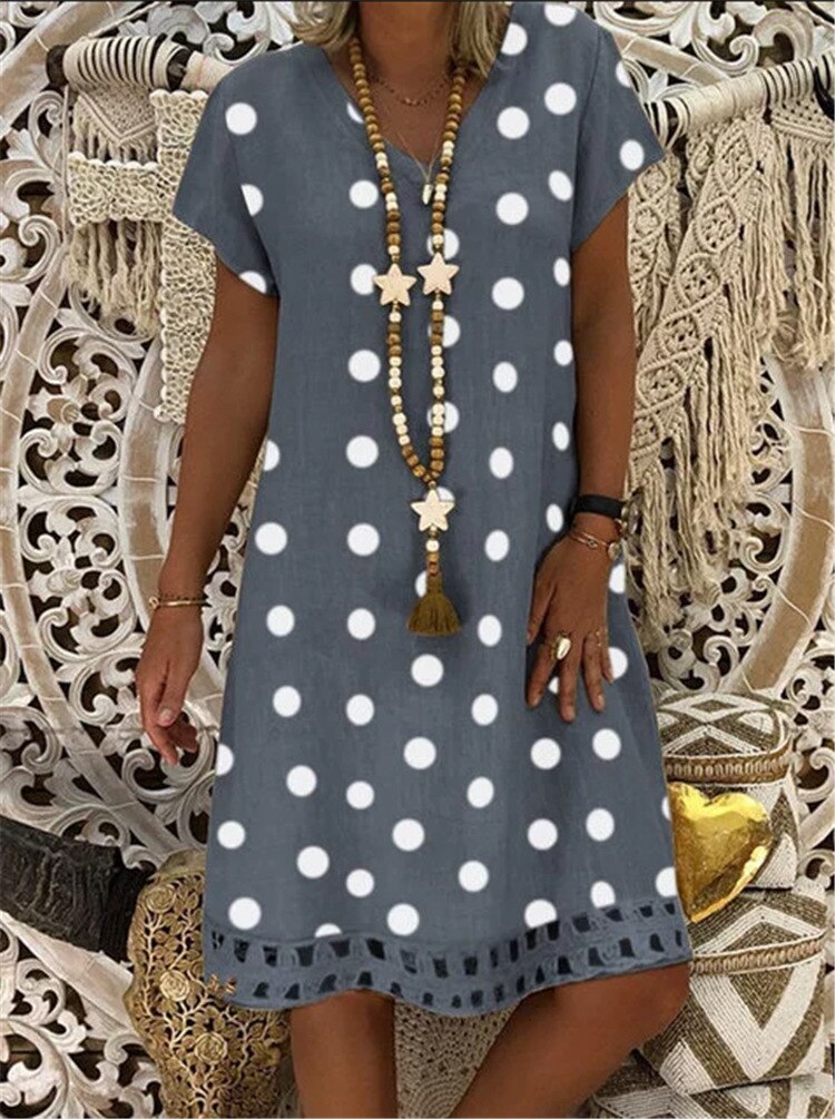 Boho Women Polka Dot Print Short Sleeve V-Neck Fashion Dresses