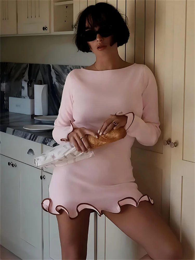 Ruffled Autumn Fashion Mini Dress Women'S Slim Long Sleeve Patchwork Elegant 2024 Party Dress Casual Female Mini Dress New