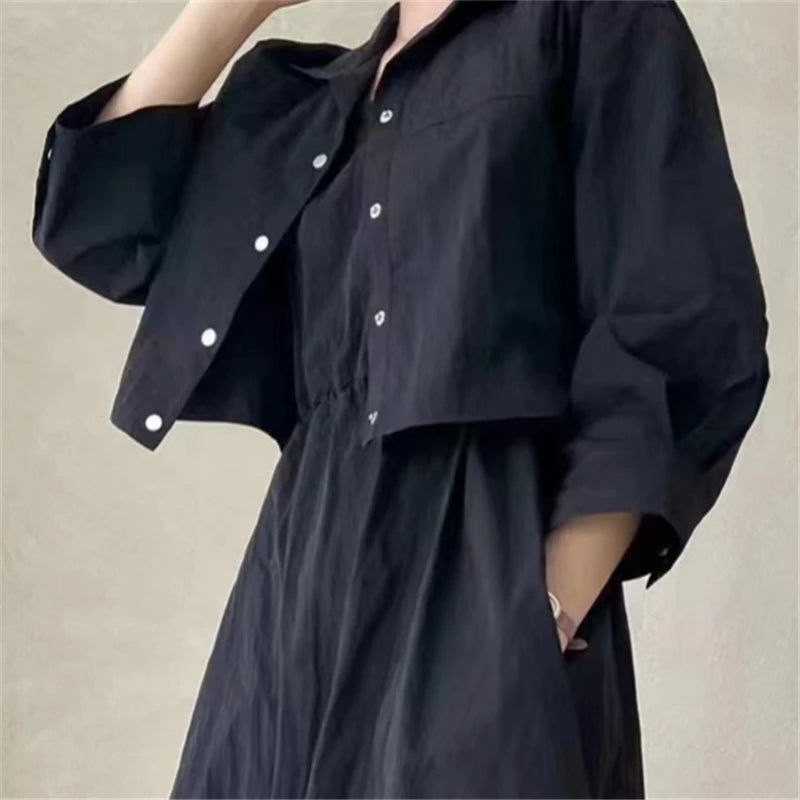 Summer 2 Pieces Women'S Dress Suits Turn-Down Short Jacket And Solid Casual Tank Dress Sets Outfits 2024 New Spring