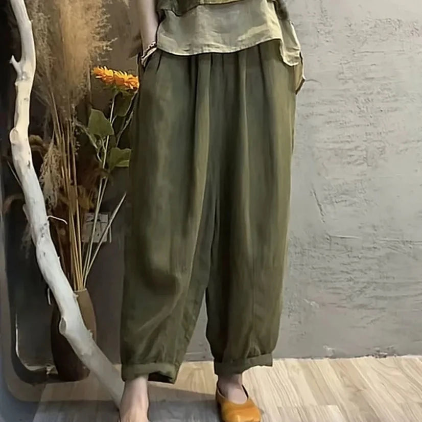 Faionable Cotton Linen Set Women'S Summer New Print Patchwork Slimming Two-Piece Top Harlan Pants Fake Two-Piece Suit