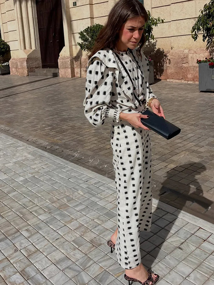 Fashion Print Patchwork Lantern Sleeve Shirt Skirt Set Women Casual Loose High Waist A-Line Skirts 2025 New Vocation Streetwear