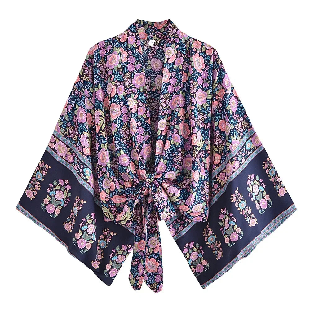 Happie Queens Floral Print Sashes Short Kimono Women Fashion V Neck Batwing Sleeves Robe Lady Boho Bikini Cover-Ups