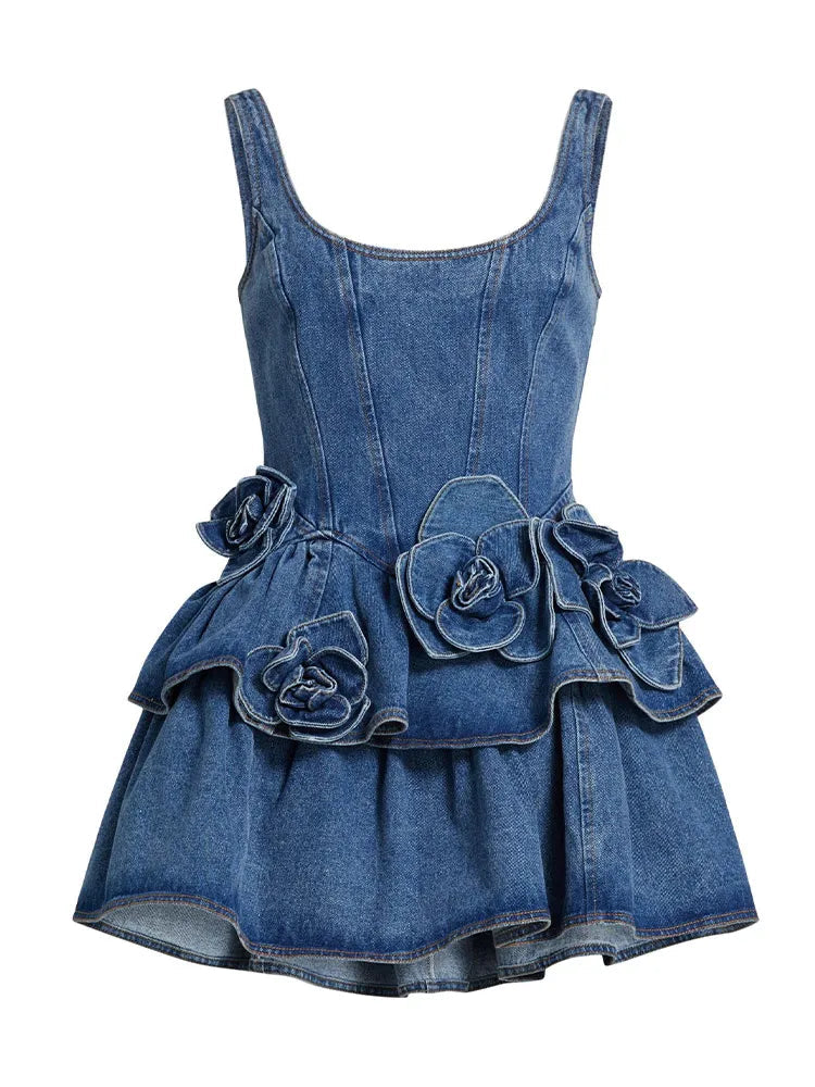 Chic Summer 3D Floral Denim Mini Dress Vintage A Line Halter High Street Jean Vesidos 2025 New Lady Partyy2K Fashion Clothing