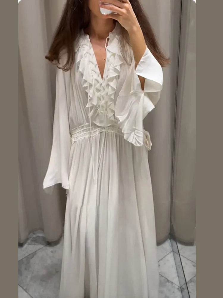 Elegant Solid Multiple Flounces Lace Up Dresses Chic Loose V Neck Full Sleeve Robes New Lady Summer Commute Vacation Gown 2025