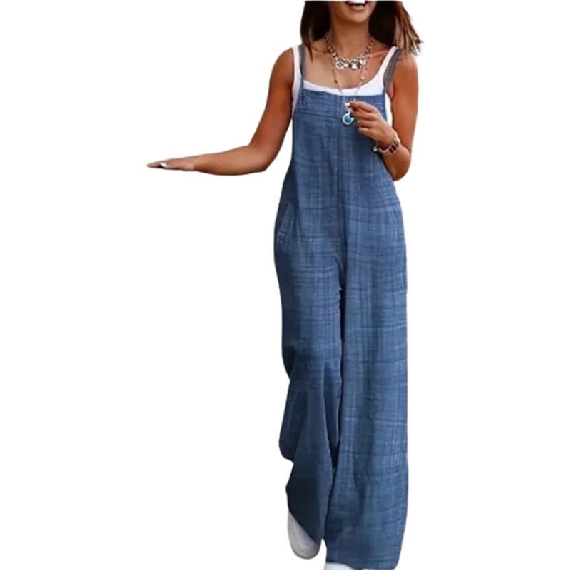 Women'S Sleeveless Jumpsuit With Suspender Loose Casual Pocket Monochromatic Summer