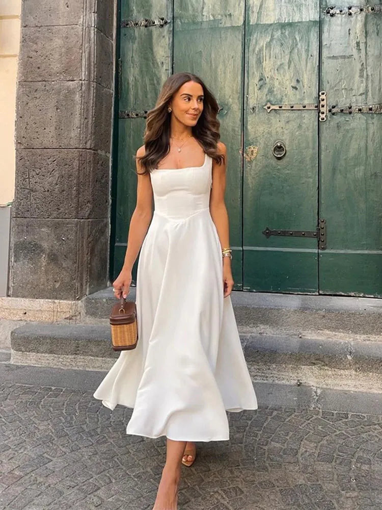 2025 Polka Dot Maxi Dresses Women Elegant Square Neck Lotus Hem Long Gowns Chic Lady Sleeveless High Waist Cinched Summer Robes