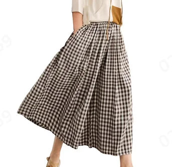Summer New Culotte Pants High Waist Pleated Slanted Pocket A-Shaped Wide Leg Covering Span Checkered Printing Trousers