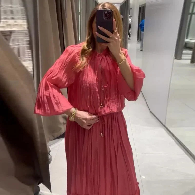 Loose Lace Up Ruched Skirts Sets Women V-Neck Lantern Sleeve Blouses Ruffles High Waist A-Line Skirt 2025 Summer Lady Outfits