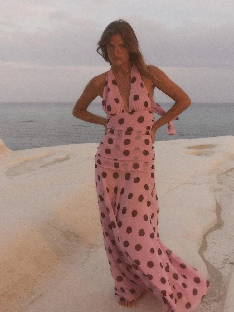 Pink Chiffon Polka Dot Printing Halter Maxi Dress Women Elegant Sleeveless Backless Skinny Pleated Robe Beach Evening Party Gown