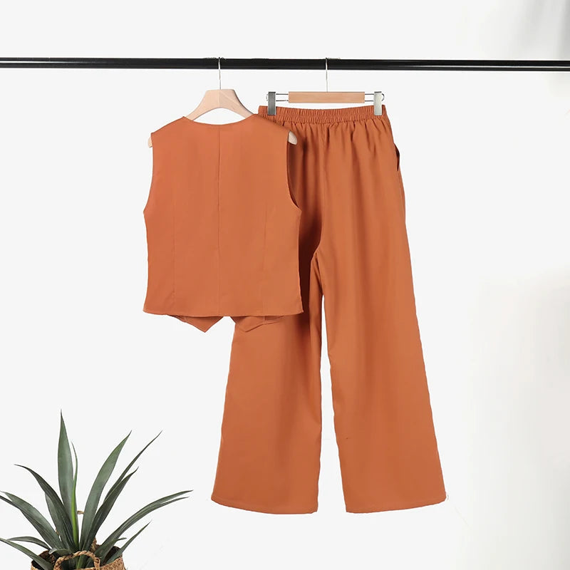 Woman Elegant 2-Piece Pant Sets Casual Vest And Pants Sets Old Money Style Suits 2Pcs Outfits Wide Leg Trouser Sets