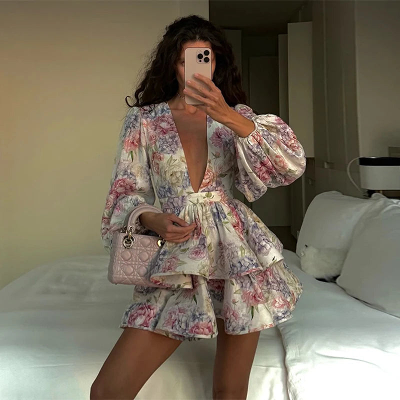Elegant Print Ruffles Mini Dress Women Deep V Neck Long Sleeves A Line Dresses Female 2025 Spring New Fashion Fluffy Robe Lady