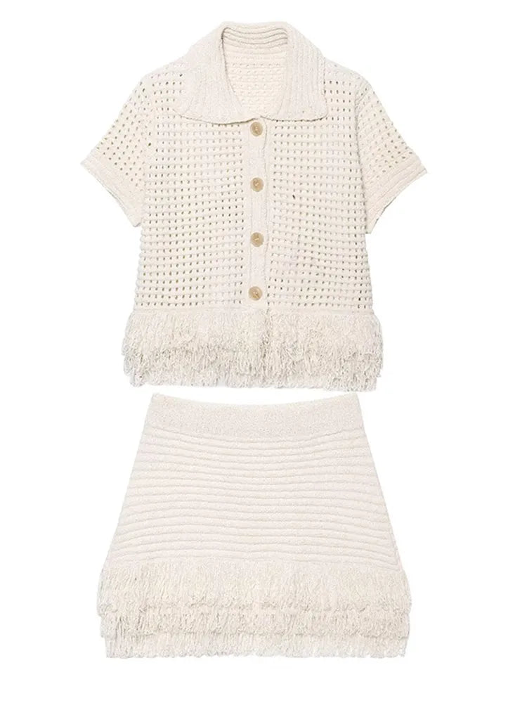 Women Crochet Hollow Out Top Shorts Set Fashion Round Neck Cardigan Crop Tops 2 Piece Sets Summer Lady Y2K Beach Party Outfit