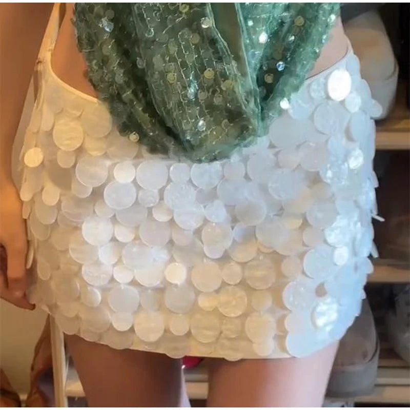 Sequin Mini Skirt Women Sexy Slim Shiny Fashion Chic Short Skirts Female 2025 Spring Summer Beach Solid Holiday Streetwears Lady