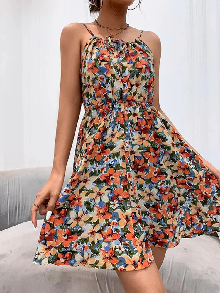 Sexy Floral Print Short Dress Women Summer Fashion Black Backless Beach Sundress Casual Sleeveless Lace-Up New In Dresses 2024