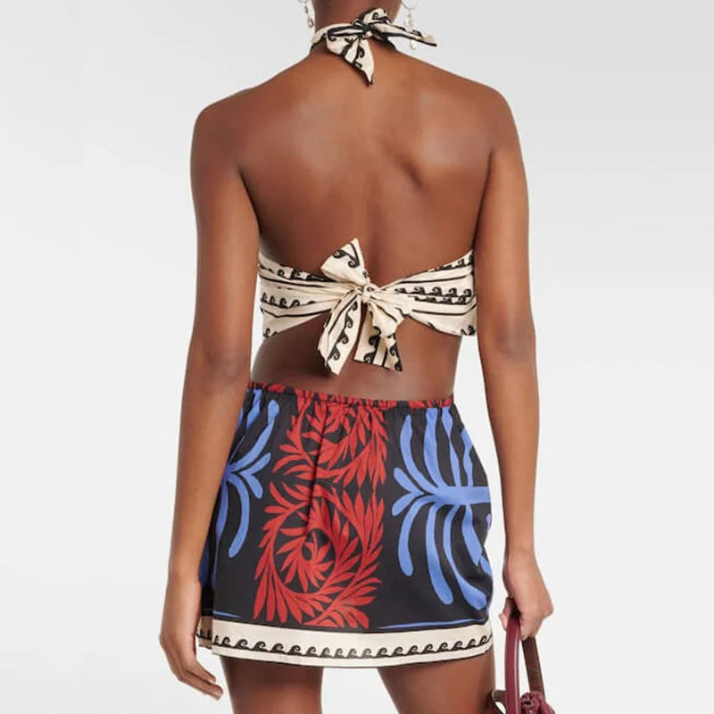 Sexy Halter Pattern Printed Mini Dress Summer Hollow Off Shoulder Bohemian Dress Women'S Fashion Lace Up Backless Short Dresses