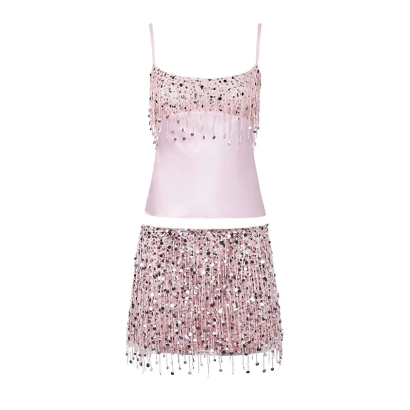 Sexy Sequin Tassels Beach Outfits Women Shiny Fashion Bikinis Sets Female 2025 Summer Holiday High Street Raves Sets 2 Pieces