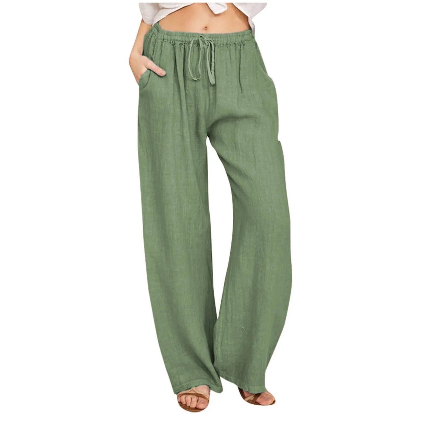 Summer Cotton Linen Wide Leg Pants For Women Pants Full Length Casual Pants Female Solid Loose High Waist Straight Trousers