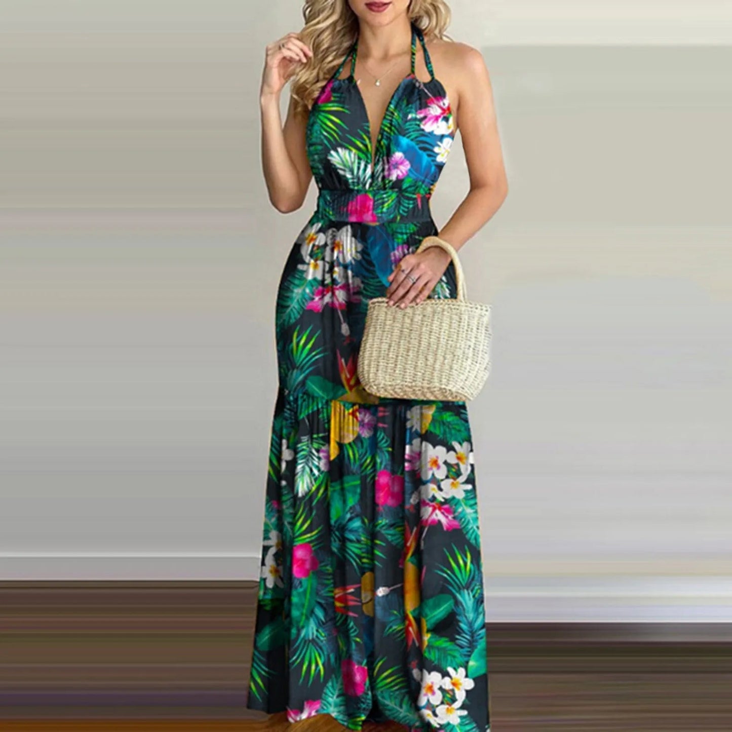 Summer Long Dress Bohemia Floral Casual Dresses Sexy Backless Halter Strapless 2023 Beach Sundress Vacation Clothes For Women