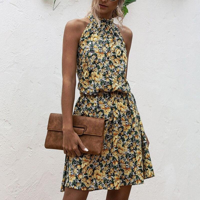 Summer Sexy Halter Lace Up Floral Sleeveless Print Mini Dress