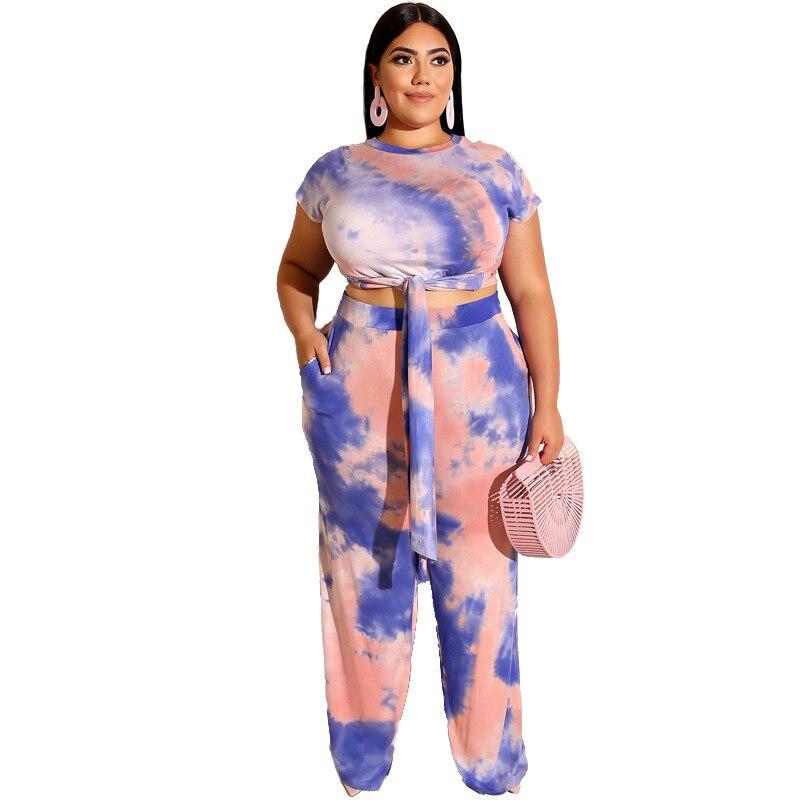 Summer Women Short Sleeve Wide Leg Pant 2 Piece Set Tie Dye Tracksuit Casual Loose Outfits