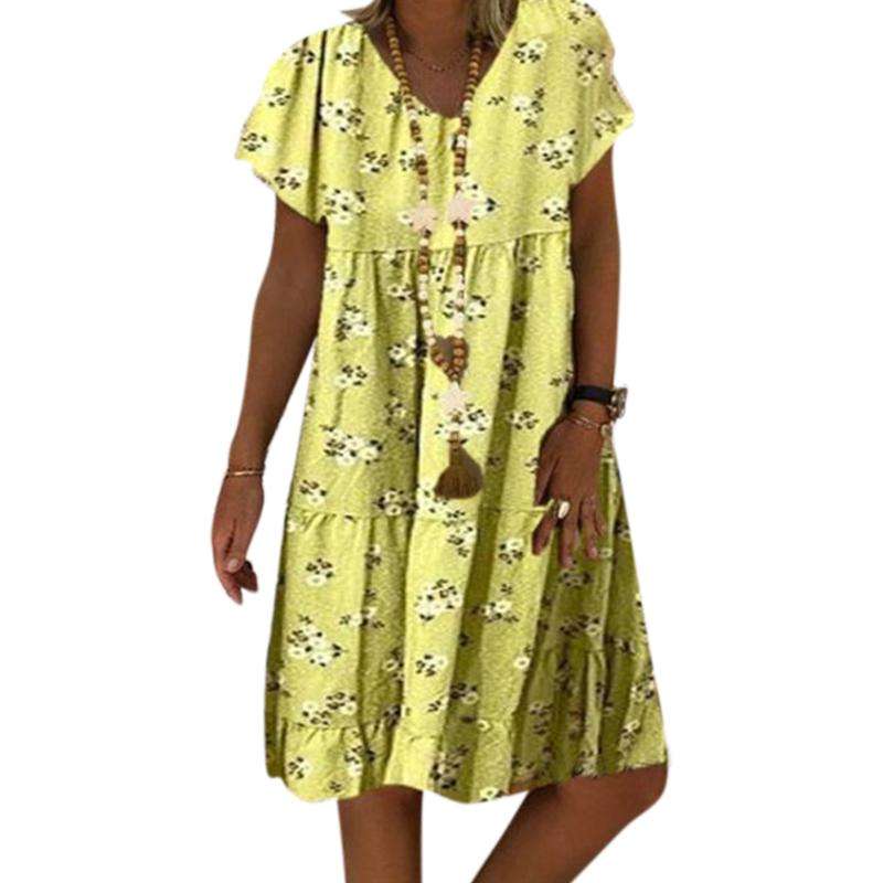 Summer Fashion Women Floral Print V Neck Short Sleeve Dress
