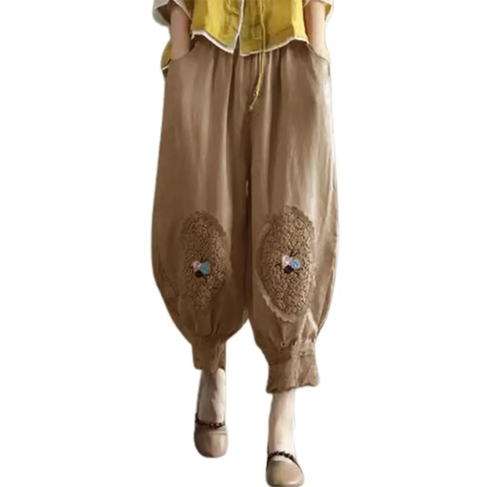 Vintage Boho Cotton Linen Pants For Women Summer Pockets Thin Beach Trousers Woman Casual High Waist Loose Harem Pants