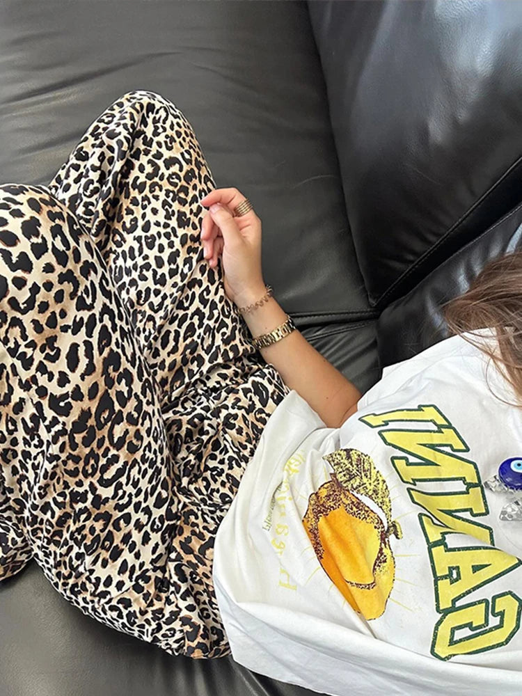 Vintage Leopard Print Pants Women Casual Loose Lace Up Wide Leg Trousers Female 2024 Summer Fashion All-Match Lady Streetwear