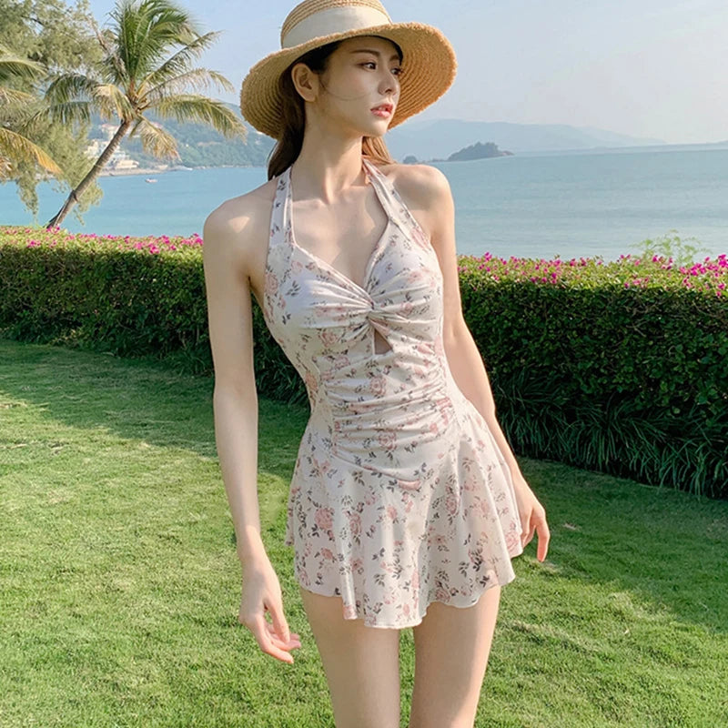 Women Hanging Neck Sweet Cute Swimwear Sexy One-Piec Beach Wear Swim Suit Beach Dress Swimsuit High Waist Bathing Suit For Girls
