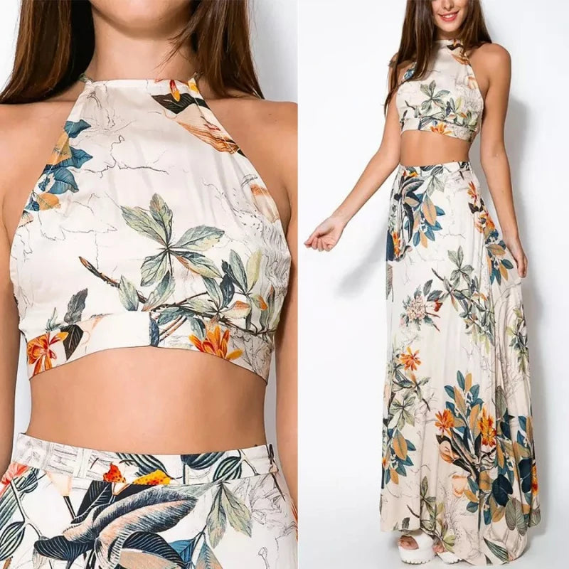 Women'S Two-Piece Set Backless Camisole Bohemia Style Halter Bandage Dress