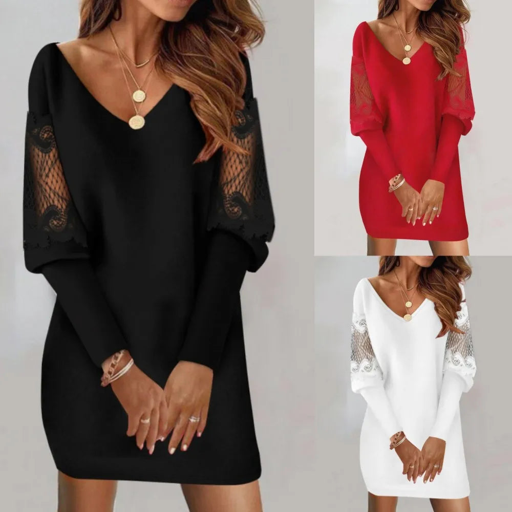 Women'S Autumn New V-Neck Long Sleeved Printed Lace Patchwork Dress With Versatile Temperament For Women Commuting