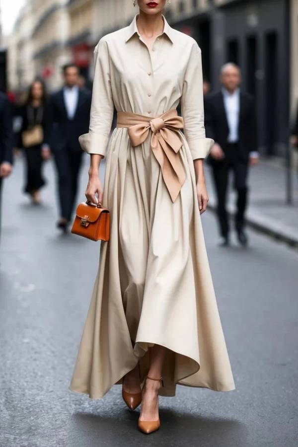 Elegant Long-sleeved Shirt-style Tie Maxi Dress