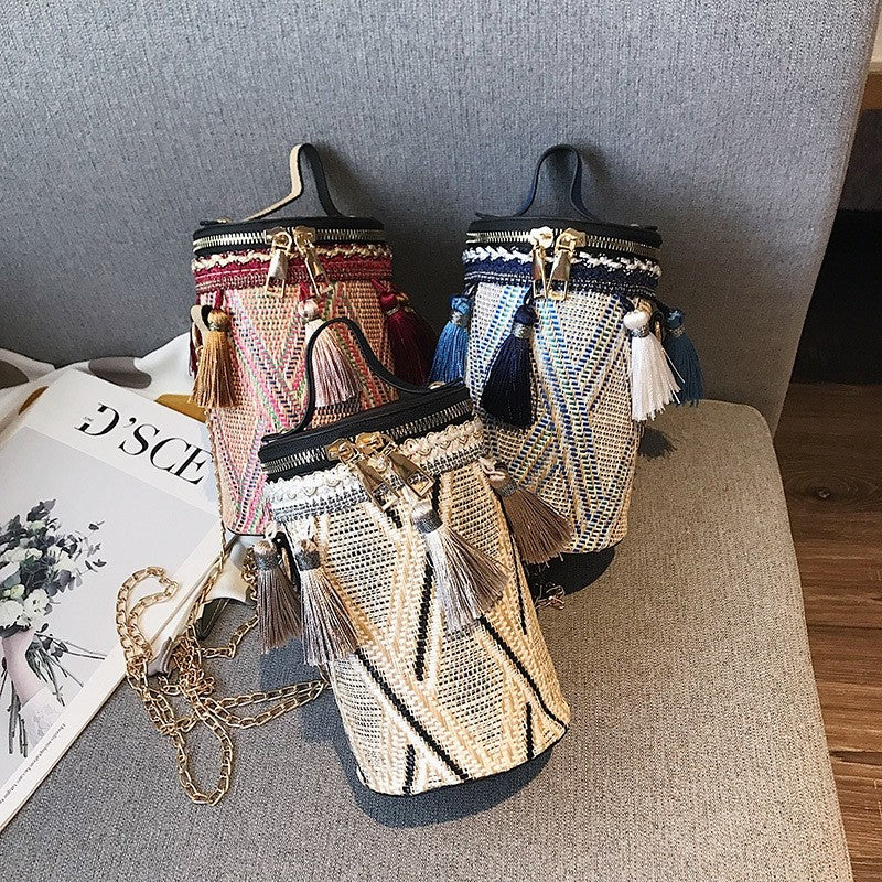 Casual Striped One Shoulder Tasseled Round Bag