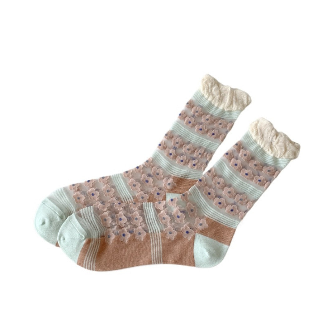 Rufia - Lace Flower Color-block Crew Socks - Sweet & Retro