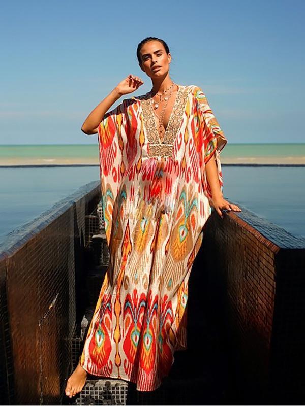 Retro Printed Bat Sleeve V-Neck Holiday Bohemian Loose Dress