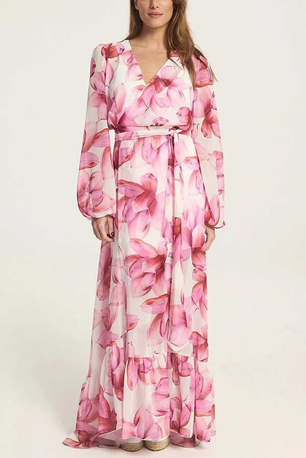 Island Girl Floral Print V-neck Long Sleeve Tie Slit Holiday Maxi Dress