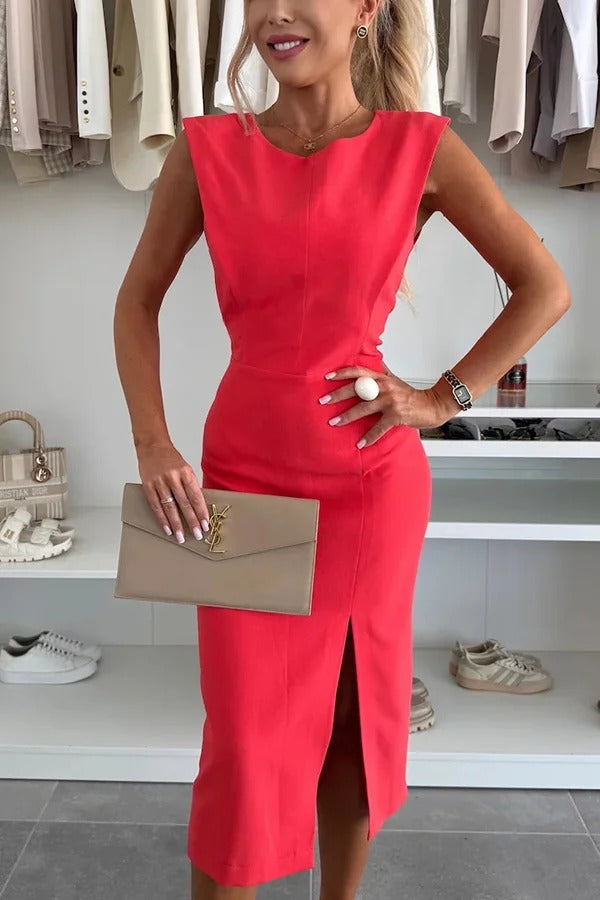 Solid Color Round Neck Sleeveless Slim Fit Slit Midi Dress