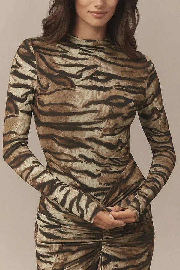 Winston Animal Print High-neck Long Sleeve Ruched Hip Stretch Maxi Dress
