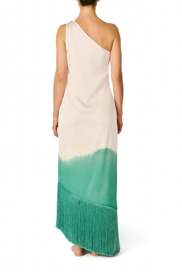 Vibrant Ombré Print Ruched One Shoulder Tassle Trim Vacation Maxi Dress